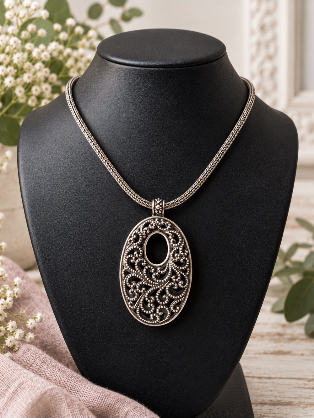 Rare Lois Hill Ornate Scroll Pendant Necklace Sterling Silver Statement
